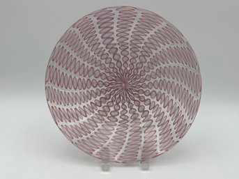 Vintage Pink & White Zanfirico Italian Murano Glass Plate 7' W Stand
