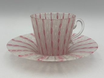 Vintage Pink & White Zanfirico Italian Murano Glass Teacup & Saucer W/ Stand