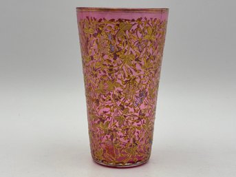 Vintage Bohemian Moser Art Glass Cranberry Juice Tumbler With Enameled Florals 3.75'