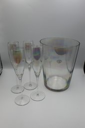 Vintage Iridescent Set Of Toscany Handmade Champagne Flutes And Bucket Lustre  Optic Crystal