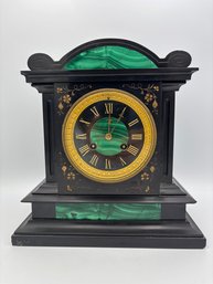 Antique Rare Victorian 1800s Marble & Inlaid Malachite Mantle Clock (Very Heavy, Works)