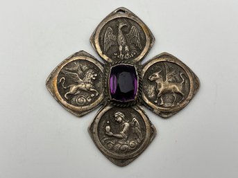 Vintage Jerusalem Silver Pendant With Purple Gemstone 3 X 3