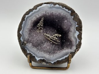 Vintage Amethyst Geode With Small Metal Figurines Of Skier And Pine Tree - 3.5 X 3