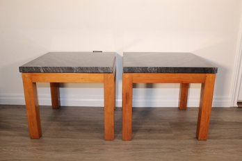 Pair Of 2 Cherry Wood Side Tables W/ Dark Granite Top