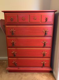 Vintage Stanley Furniture Ole Collection Coral Pink Red Highboy Dresser With Floral Design & Brass Pulls