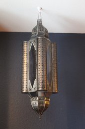 Large 28' Moroccan Style Glass Metal Pewter Hanging Lantern