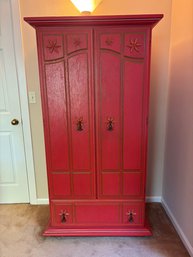 Vintage Stanley Furniture Ole Collection Coral Pink Red Tall Dresser Armoir W/ Floral Design & Brass Pulls