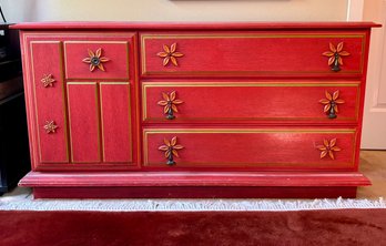 Vintage Stanley Furniture Ole Collection Coral Pink Red Dresser With Floral Design & Brass Pulls