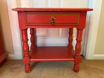 Vintage Stanley Furniture Ole Collection Coral Pink Red Side Table With Floral Design & Brass Pull