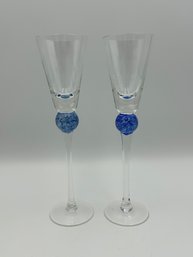 Pair Of 8' Cordial Glasses With Round Blue Round Accent
