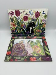 Lot Of 2 - 12 X 9 Watercolor Paintings Of Rabbit & Black Cat With Flowers In Glass Frame