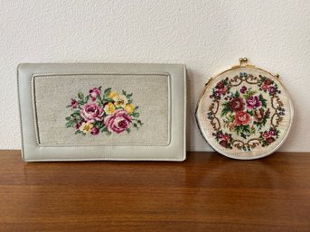 Lot Of 2 Vintage Floral Embroidered Needlepoint Women's Small Cross Bodies Clutches Leather