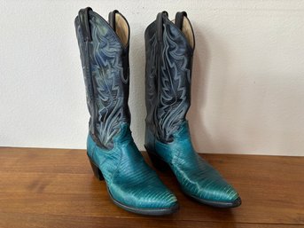 Vintage Justin Women's Cowboy Boots Leather Teal & Black Size 9B