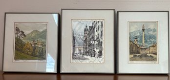 Lot Of 3 Austrian City Art On Silk, Linen & Paper