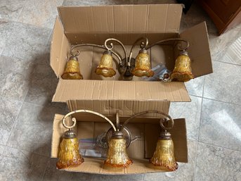 Lot Of 3 And 4 Light Wall Sconces & 4 Single Wall Sconces - Bronze Metal Scroll Amber Blown Glass
