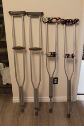 Lot Of 2 Adult Pairs Metal Crutches With Metal Ice Snow Spikes/Grips