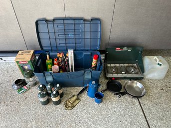 Lot Of Camping Gear - Coleman Stove, Propane, Lantern, Pans, Griswold Cast Iron, Lighters, Shovel, Etc