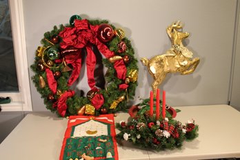 Lot Of Christmas Decor Wreaths, Advent Calendar, Tree Stand, Etc