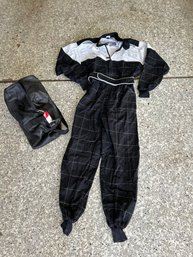 Size 56 Motorsport Go Kart Full Suit Black And White With Leather Duffel Bag