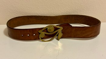 Vintage Women's Brown Leather Belt With Brass Eye Of Horus Buckle
