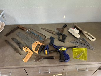 Lot Of Hand Tools, Saws, Irwin Clamp, Square Etc