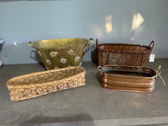 Lot Of Baskets / Copper Bin, Metal Basket Etc