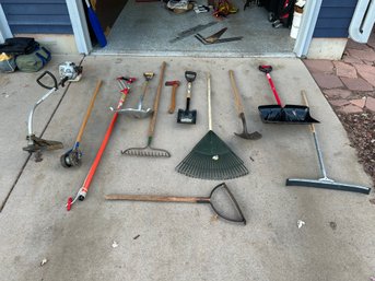 Lot Of Outdoor Lawn Gardening Tools, Ames Edger, Weed Wacker, Rake, Axe, Shovels, Etc