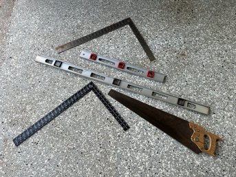 Lot Of Levels, Carpenter Squares & Saw