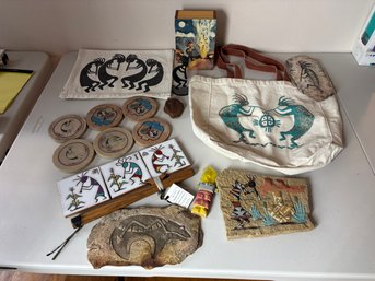 Large Lot Of Kokopelli Decor, Sand Art, Coasters, Flute, Wooden Box, Tote Bag, Misc