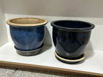 Lot Of Two Large Ceramic Glazed Terracotta Blue & Black Planter Pots