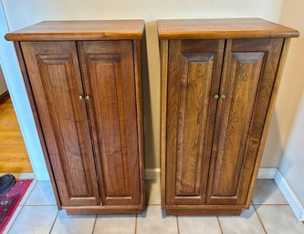 Pair Of Hand Crafted Custom Built Walnut Cabinet Tables W/ Adjustable Shelves & Brass Knobs