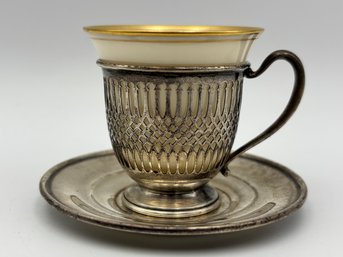 Antique Sterling Silver Demitasse Teacup And Saucer W/ Lenox Porcelain Liner