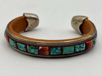 Vintage Charlie Favour Southwest Style Sterling Silver & Turquoise Leather Cuff Bracelet