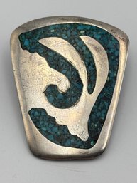 Vintage Sterling Silver & Turquoise Southwestern Necklace Pendant 2 X 1.5 Signed By Edith Harry 1975