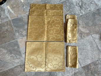 Set Of Four Gold Cotton / Poly Blend Dining Table Placemats & Matching Napkins