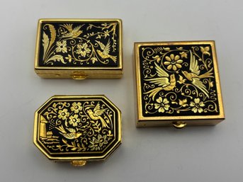 Vintage Damascene Spanish Birds & Flowers Black & Gold Metal Mini Pill Box Lot Of 3