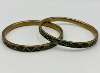 Vintage Pair Of Brass & Turquoise Mosaic Inlay Bangle Bracelet 8'