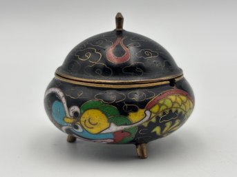 Vintage Enamel & Brass Round Mini Cloisonne Box Trinket Box Opium Snuff Tea Footed Dragon Box 1.5'