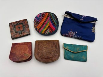 Lot Of Vintage Leather Mini Wallet Coin Purses - Italian Leather, Mexican, Oriental Etc