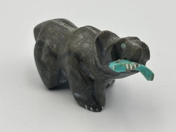 Vintage Bear W/ Turquoise Fish Zuni Fetish Stone Carving 2.25' By Andres Quam