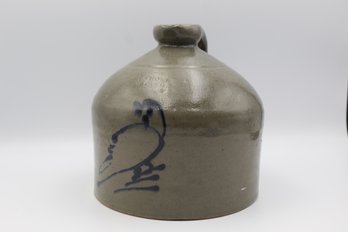 Vintage American Folk Art Blue Bird Decorated Stoneware Pottery Jug