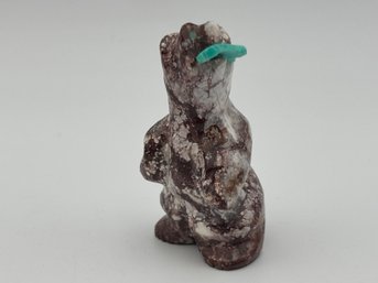 Vintage Standing Bear W/ Turquoise Fish Zuni Fetish Stone Carving 1.8' By Andres Quam