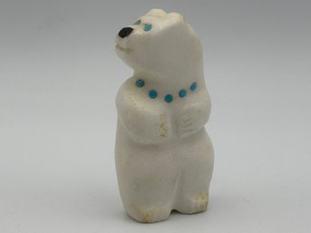 Vintage Zuni Fetish Bear Standing White Marble Bear With Turquoise Accents By Alvin Calavaza 2.3'