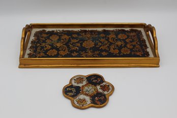 Small Ottoman Rectangle Gold Floral Pattern Tray With Matching Coaster