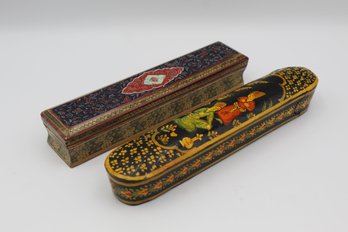 Lot Of 2 Small Vintage Mughal Wooden Box Incense Pen Holder Boxes