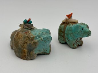 Vintage Lena Boone Zuni Art Bear & Frog Fetish Sculpture Turquoise Lot Of 2
