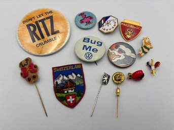 Lot Of Vintage 70s 80s Pins & Buttons - VW 'Bug Me' Switzerland Patch, Ritz, Teddy Bear, Ski Pin, Miss Piggy