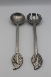 Pair Of Metal Pewter Leaf Salad Serving Tongs