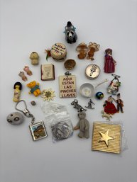 Large Lot Of Vintage Miniatures Keychains, Clay Owl, Bible, Enamel Pot, Chu-ming-wu Teddy Bear, Babies, Etc