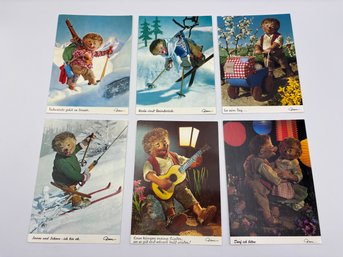 Lot Of 6 Vintage Mecki Hedgehog Ski Skiing Steiff Postcards